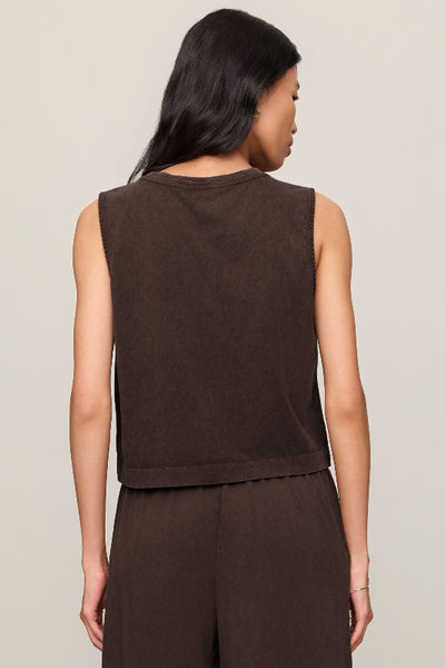 Z Supply Sloane Jersey Muscle Tank in dark chocolate, crew neck, sleeveless, relaxed fit, mineral wash cotton — back view showing clean seam detail.