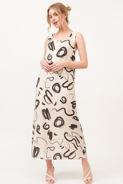 ABSTRACT PRINT SQUARE NECK SLEEVELESS MAXI DRESS