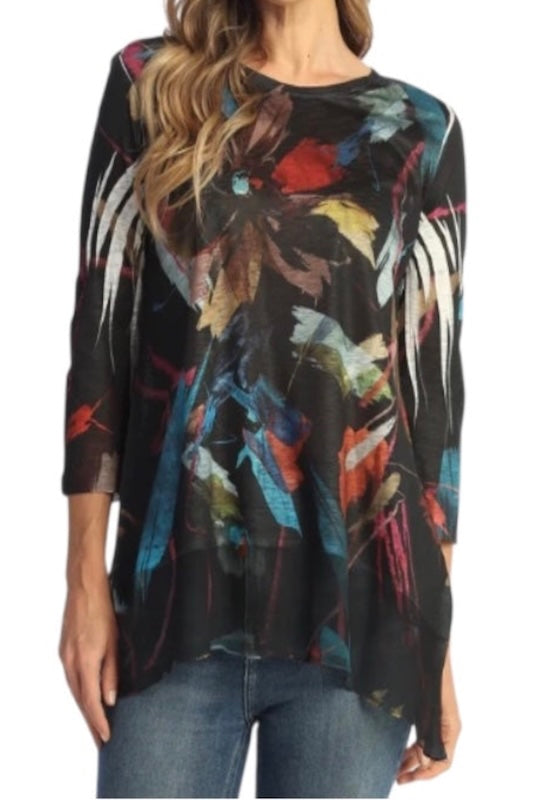 Bonita tunic with abstract multicolor floral print, 3/4 sleeves, and chiffon contrast hem.