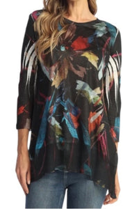 Bonita tunic with abstract multicolor floral print, 3/4 sleeves, and chiffon contrast hem.