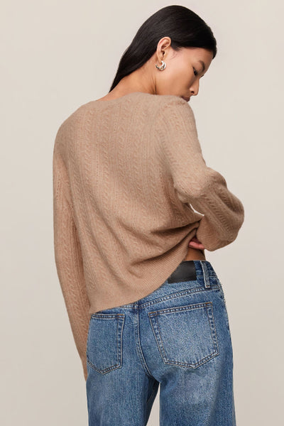 Back view of Z Supply Medina Pointelle Cardigan in Macaroon showing vertical pointelle knit detailing.Z Supply Medina Pointelle Cardigan; Z Supply Macaroon cardigan; Z Supply ZW263444; women's pointelle cardigan; women's button front cardigan; crew neck knit cardigan; long sleeve pointelle sweater; women's neutral cardigan; cropped pointelle cardigan; textured knit cardigan.