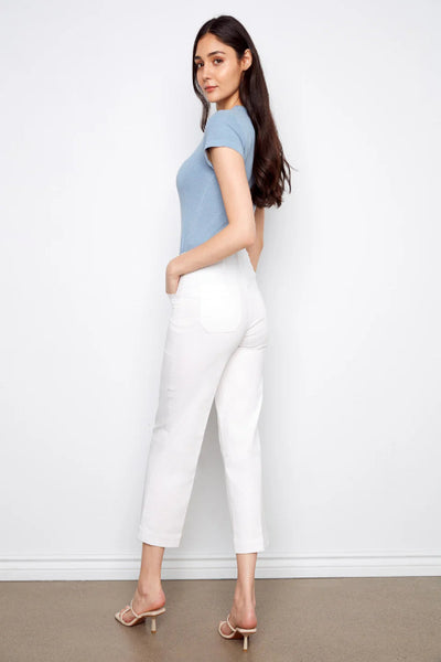 White cropped wide-leg stretch twill pants with rectangular patch pockets and regular rise, styled with strappy heeled sandals and a blue tee; side/back view
