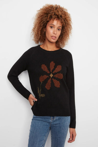 Charlie B embroidered floral sweater; Charlie B black sweater; women’s black floral sweater; embroidered crew neck sweater; floral raglan sweater; women’s long sleeve knit sweater; black sweater with flower embroidery; soft stretch knit sweater; women’s fall sweater; Charlie B floral knitwear.