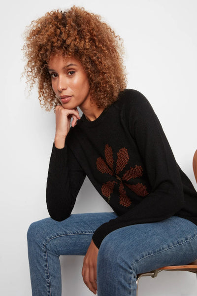 Charlie B embroidered floral sweater; Charlie B black sweater; women’s black floral sweater; embroidered crew neck sweater; floral raglan sweater; women’s long sleeve knit sweater; black sweater with flower embroidery; soft stretch knit sweater; women’s fall sweater; Charlie B floral knitwear.
