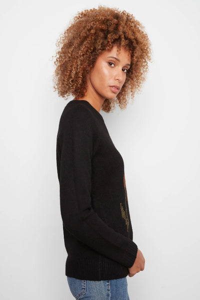Charlie B embroidered floral sweater; Charlie B black sweater; women’s black floral sweater; embroidered crew neck sweater; floral raglan sweater; women’s long sleeve knit sweater; black sweater with flower embroidery; soft stretch knit sweater; women’s fall sweater; Charlie B floral knitwear.