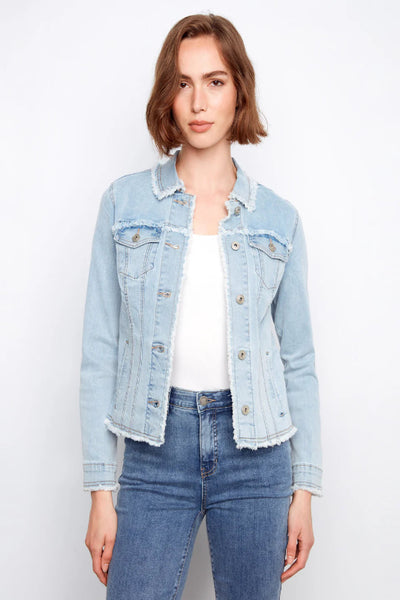 Bleach blue stretch denim jacket with frayed edges, button front closure, flap chest pockets, and long sleeves, styled with blue jeans and white tank, front view.