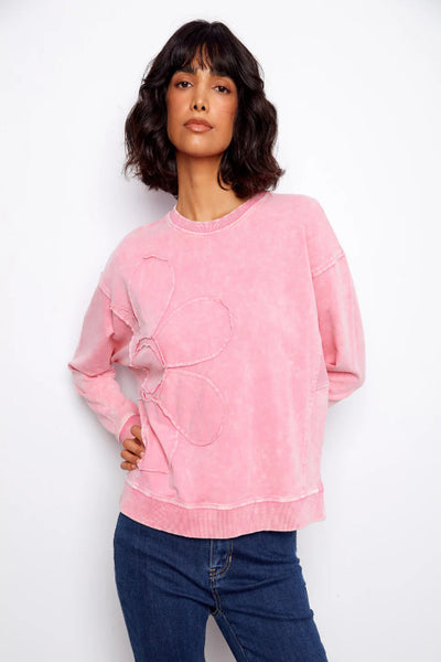 PRETTY IN PINK CHARLIE B LONG SLEEVE TOP WITH FLOWER APPLIQUÉ