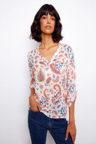 VIBRANT PRINTED COTTON GAUZE HALF-BUTTON BLOUSE - FESTIVE