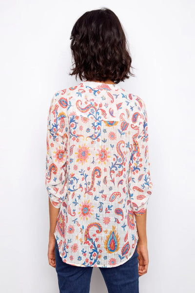 VIBRANT PRINTED COTTON GAUZE HALF-BUTTON BLOUSE - FESTIVE