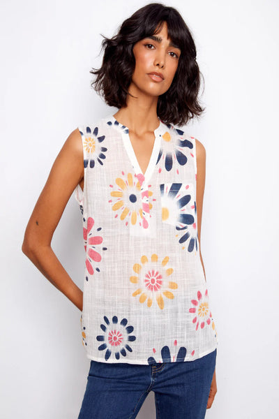 BOLD DAISY PRINTED COTTON GAUZE SLEEVELESS TOP