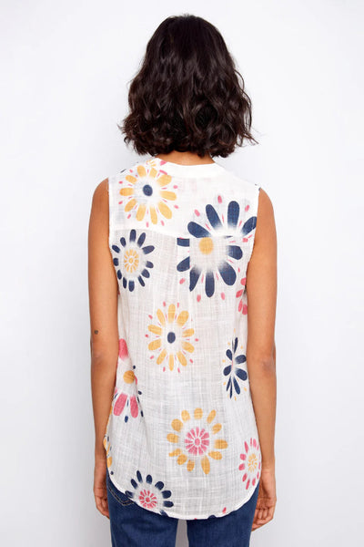 BOLD DAISY PRINTED COTTON GAUZE SLEEVELESS TOP