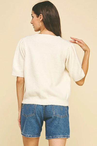 FESTIVE AND SWEET SHORT SLEEVE HEART PATTERN KNIT SWEATER