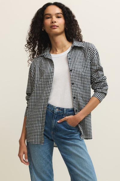 Seaport Button Up Top in black and white gingham - front view showing micro check pattern, collared neckline, button front, and oversized relaxed fit.