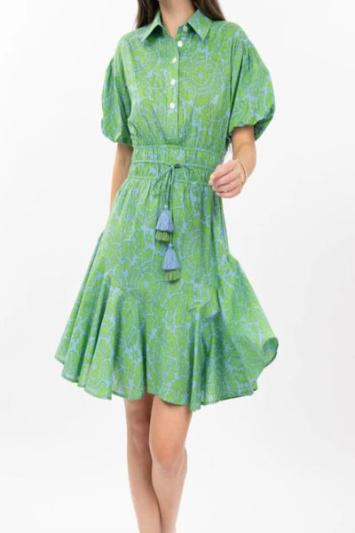 Green flounced hem shirt dress with puff sleeves, button-up placket, gathered waist with tassel tie, and vintage-inspired botanical print.