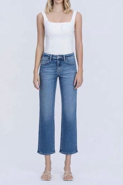 VERVET mid-rise ankle straight jeans in medium wash with white tank top and strappy sandals — front view