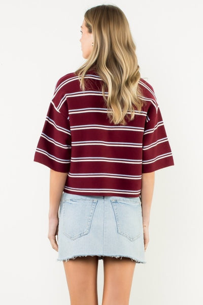 CASUAL LUXE SHORT SLEEVE STRIPED KNIT TOP
