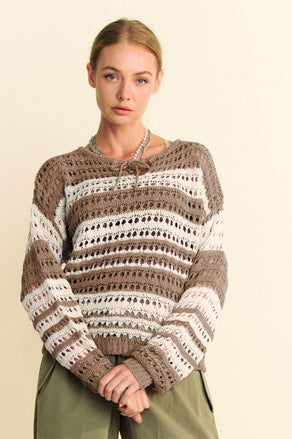 CROCHET LONG SLEEVE LOOSE WEAVE PULLOVER SWEATER