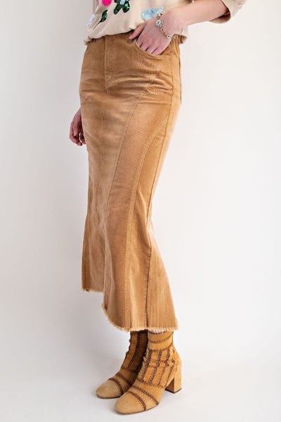 Camel corduroy midi skirt with high waist, back pockets, and flared hem.