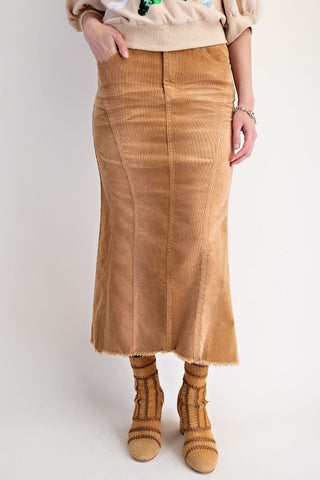 Camel corduroy midi skirt with high waist, back pockets, and flared hem.