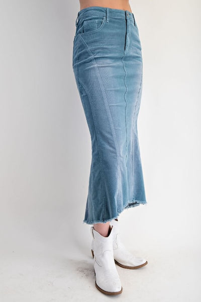 Teal Blue Stretch corduroy midi skirt with high waist, back pockets, and flared hem.
