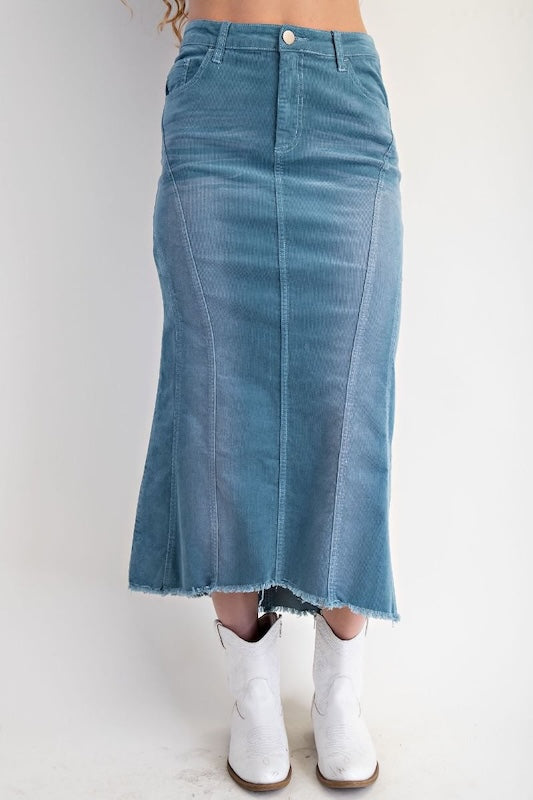Teal Blue Stretch corduroy midi skirt with high waist, back pockets, and flared hem.