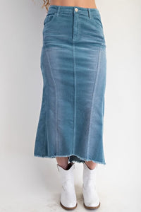 Teal Blue Stretch corduroy midi skirt with high waist, back pockets, and flared hem.