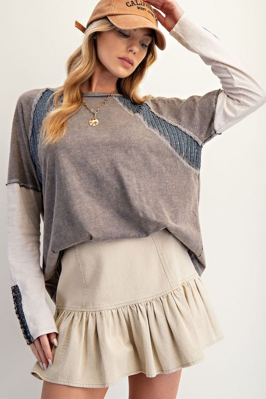 Washed loose-fit cotton slub top with contrast patches and crochet forearm trim.