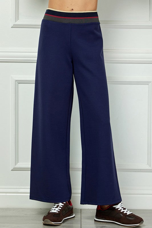 SUPER SOFT VARSITY STRIPE WAISTBAND WIDE LEG CROPPED KNIT PANTS