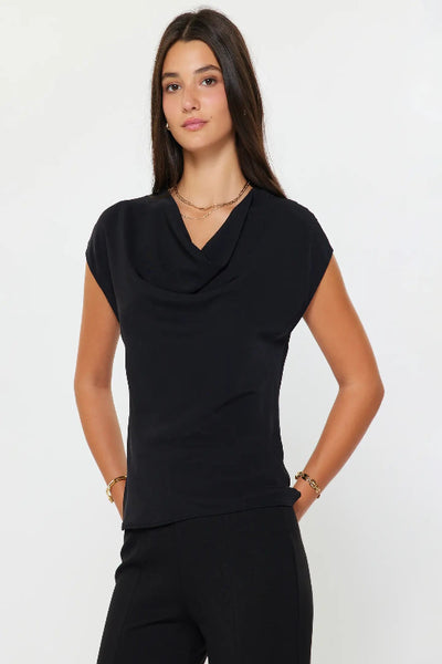 Black cowl neck cap sleeve top with soft draped neckline and relaxed fit, front view.
