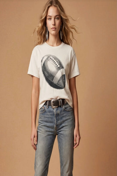 Natural oversized wide boy fit football graphic tee by All, short sleeve, styled with light wash denim jeans 