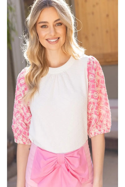 TEXTURED ELEGANCE KNIT TOP WITH FLORAL EMBROIDERED SLEEVES
