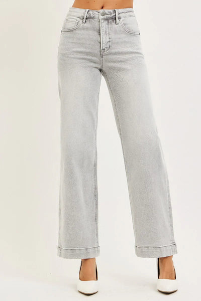 RISEN LIGHT GREY HIGH RISE ANKLE WIDE JEANS