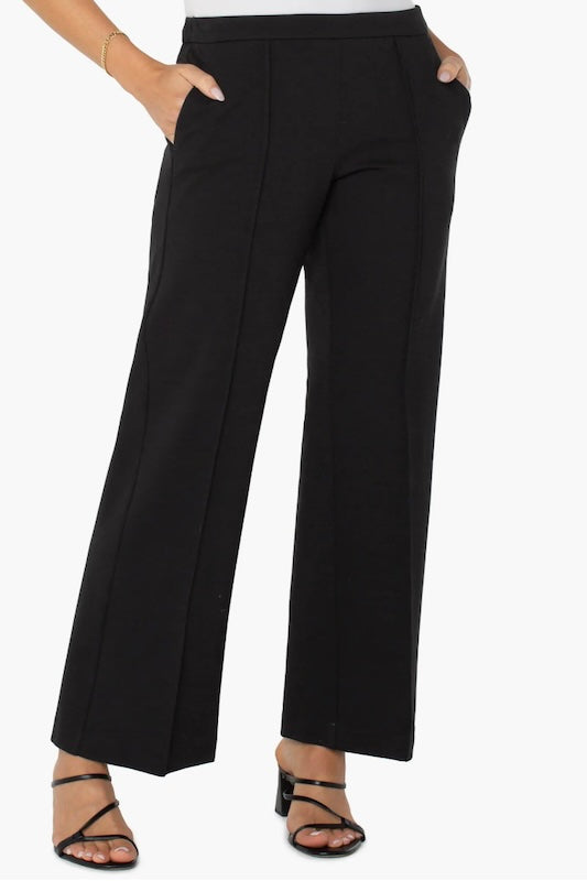 Black wide-leg pull-on pants with front pleats and side pockets.