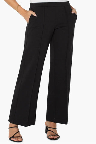 Black wide-leg pull-on pants with front pleats and side pockets.