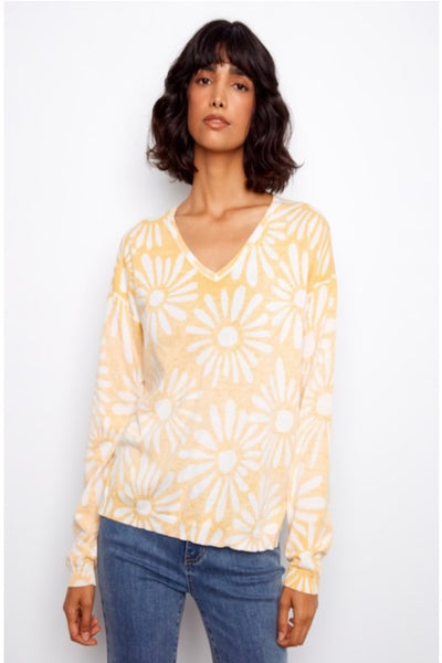 EFFORTLESS LONG SLEEVE REVERSE PRINT DAISY PRINT V-NECK SWEATER