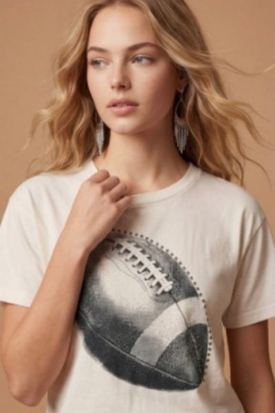 Natural oversized wide boy fit football graphic tee by All, short sleeve, styled with light wash denim jeans 