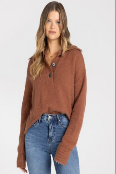 Thread & Supply Quinlan pullover, Thread and Supply Quinlan sweater, Coffee Bean pullover sweater, women’s collared knit sweater, button neck pullover women, cotton blend pullover sweater, brown long sleeve sweater, relaxed fit collared sweater, ribbed trim pullover, women’s fall knit sweater.
