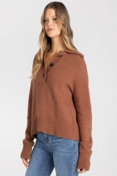 Thread & Supply Quinlan pullover, Thread and Supply Quinlan sweater, Coffee Bean pullover sweater, women’s collared knit sweater, button neck pullover women, cotton blend pullover sweater, brown long sleeve sweater, relaxed fit collared sweater, ribbed trim pullover, women’s fall knit sweater.