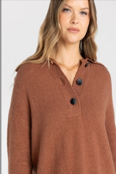 Thread & Supply Quinlan pullover, Thread and Supply Quinlan sweater, Coffee Bean pullover sweater, women’s collared knit sweater, button neck pullover women, cotton blend pullover sweater, brown long sleeve sweater, relaxed fit collared sweater, ribbed trim pullover, women’s fall knit sweater.