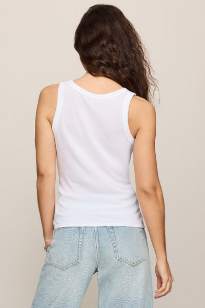 White wide-strap crew neck sleeveless tank top in airy loose knit jersey, regular fit, styled with light wash jeans, bacck view.