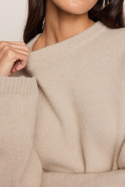 Close-up of Z Supply Chill Mode Sweater in Frosted Pearl showing its crew neckline and fluffy knit texture. Z Supply Chill Mode Sweater; Z Supply Frosted Pearl sweater; Z Supply ZW264778; women's fluffy knit sweater; women's fuzzy crewneck sweater; long sleeve neutral sweater; relaxed fit knit pullover; women's cozy sweater; Frosted Pearl crewneck pullover; women's soft textured sweater.

