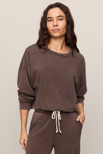 Front view of Z Supply Circuit Sweatshirt in Dark Chocolate with a crew neck and dropped shoulders.Z Supply Circuit sweatshirt; Z Supply Dark Chocolate sweatshirt; Z Supply ZT263247; women's chocolate brown sweatshirt; women's cotton French terry sweatshirt; women's cropped crewneck sweatshirt; relaxed fit brown sweatshirt; long sleeve cotton pullover; dropped shoulder sweatshirt; Z Supply women's sweatshirt.

