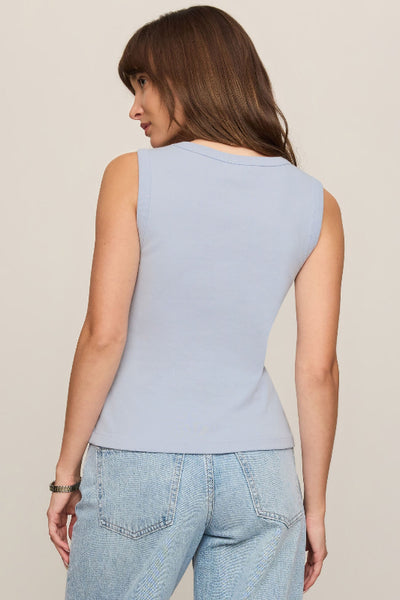 Z Supply Skyline blue sleeveless top and jeans. Back view. 