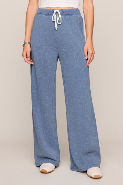 Z Supply Hunter pant, knit denim wide leg pant, French terry lounge pant, mineral wash pants women, Z Supply lounge pants, drawcord wide leg pant, Santorini Indigo pant, pull-on wide leg pants, women's lounge pants
