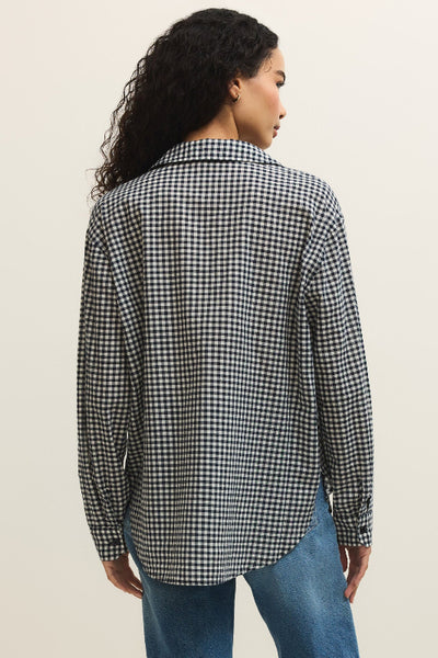 Seaport Button Up Top black gingham - back view showing longline length, classic check pattern, and boyfriend-style silhouette.