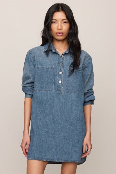Z Supply Lucie Denim Shirt Dress in medium wash — collared, long sleeve, button front, chest pocket, mini length, front view