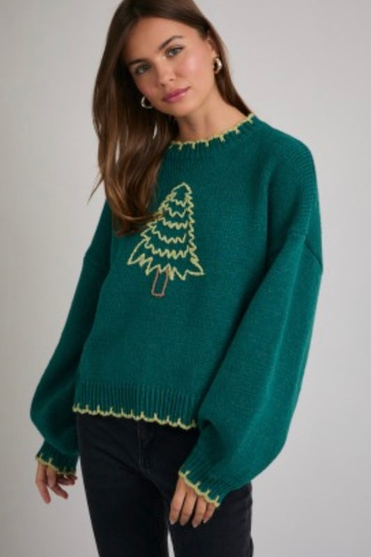 WHIMSICAL AND CUTE CHRISTMAS TREE SWEATER WITH STITCH TRIM DETAIL