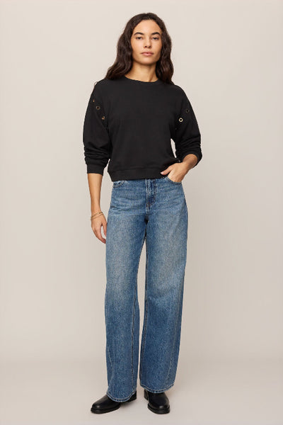 Z Supply grommet sweatshirt, grommet detail sweatshirt women, black French terry sweatshirt, 100% cotton sweatshirt, Z Supply Axel sweatshirt, crew neck sweatshirt women, hardware detail sweatshirt, cropped sweatshirt black,