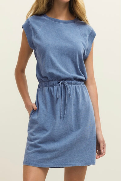 Santorini Indigo cotton knit mini dress with crew neck, short sleeves, and drawstring waist, front view.