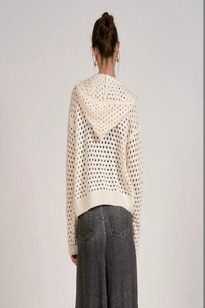 Off White open-knit crochet full-zip hoodie with relaxed fit, styled over a black tank and dark denim skirt — back